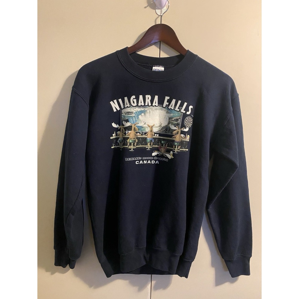 Gildan Sweatshirt Mens Small Navy Good Vintage Niagara Falls Canada Moose Y2K